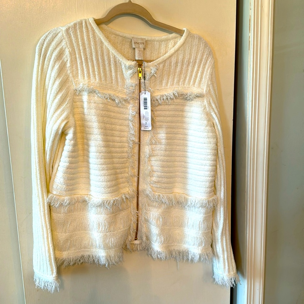 Chico’s Women’s Full Zip Ivory Zip Cardigan Sweater Chicos 2 (Medium Size 12)